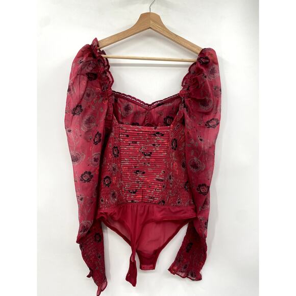 Free People S red floral smocked balloon sleeve Bodysuit - Picture 4 of 7